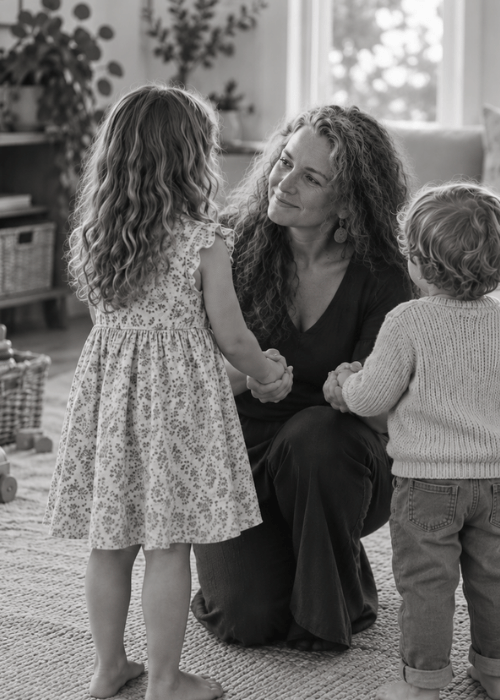 Woman keeping calm and connesting to her innger guidance with her kids